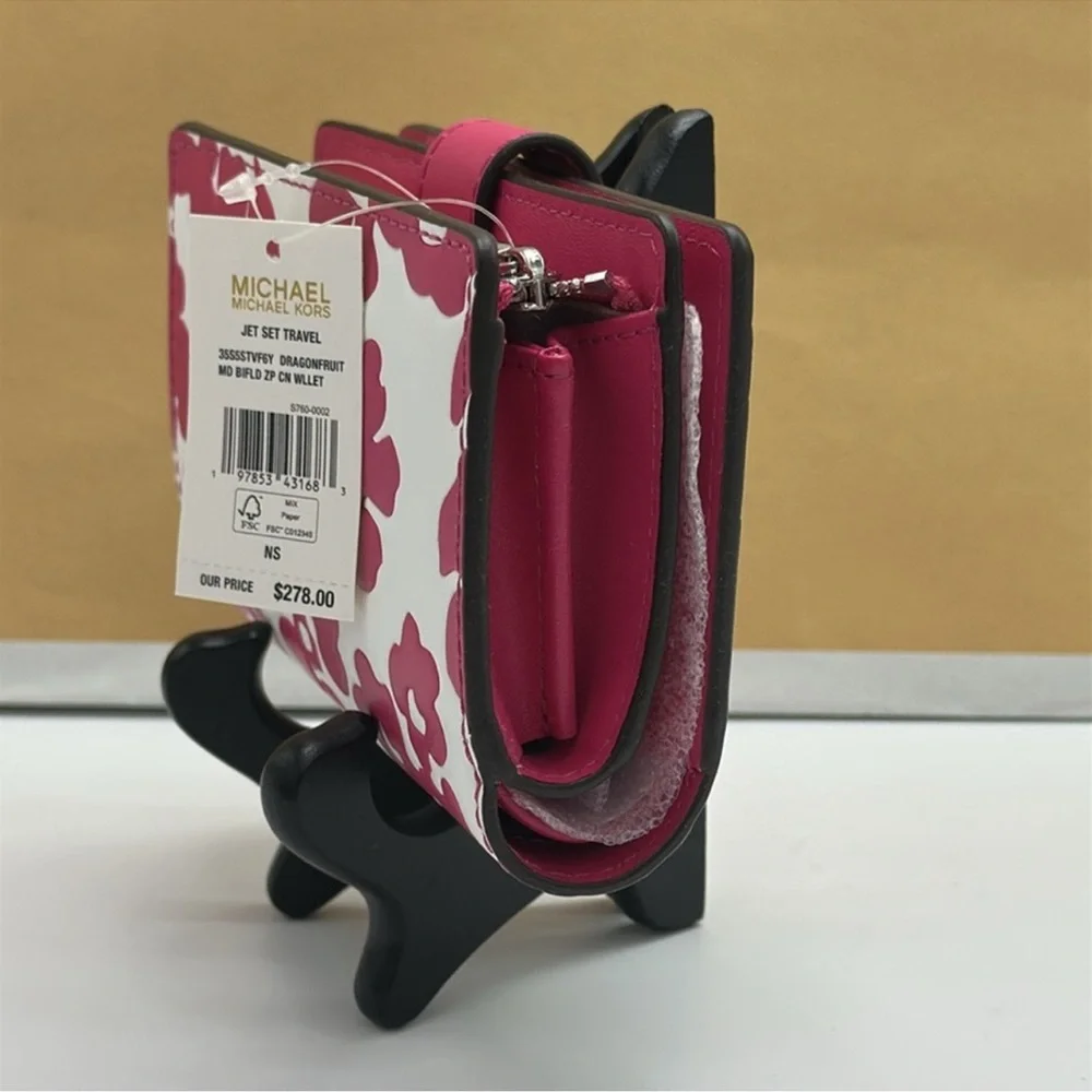 Michael Kors Jet Set Medium Floral Print Bi-Fold Wallet Dragonfruit NWT